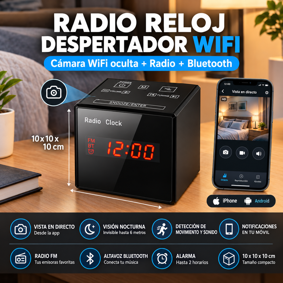 Reloj Despertador Espía WiFi con Radio