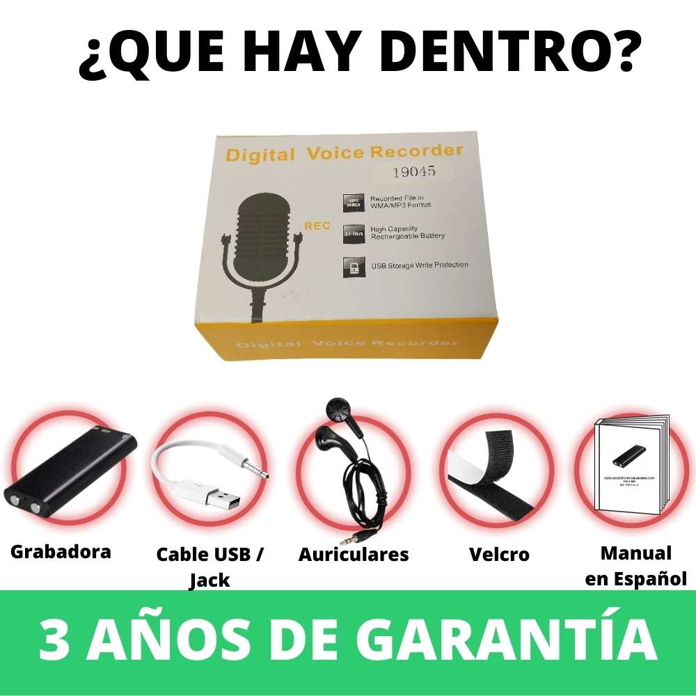 contenido mini grabadora con velcro y auriculares