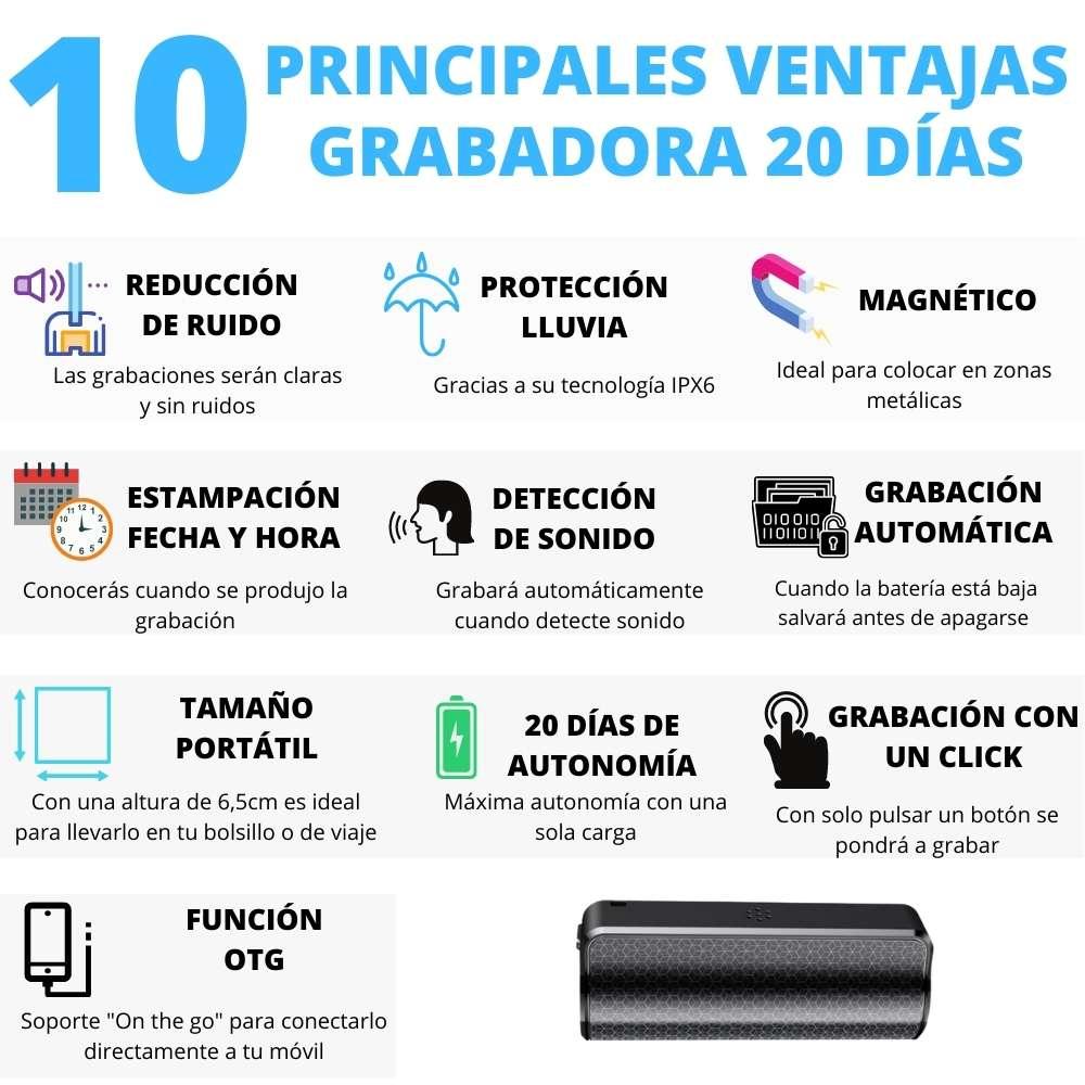 10 Ventajas de la Grabadora 20 días de duracion